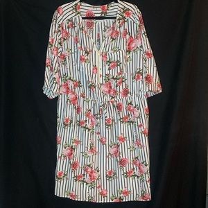 Justify 3X Casual Dress: White with Black Stripes and Floral Design